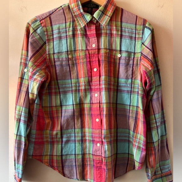 Lauren Ralph Lauren Vintage Plaid Cotton Button Down Top Petite Medium - Picture 1 of 9